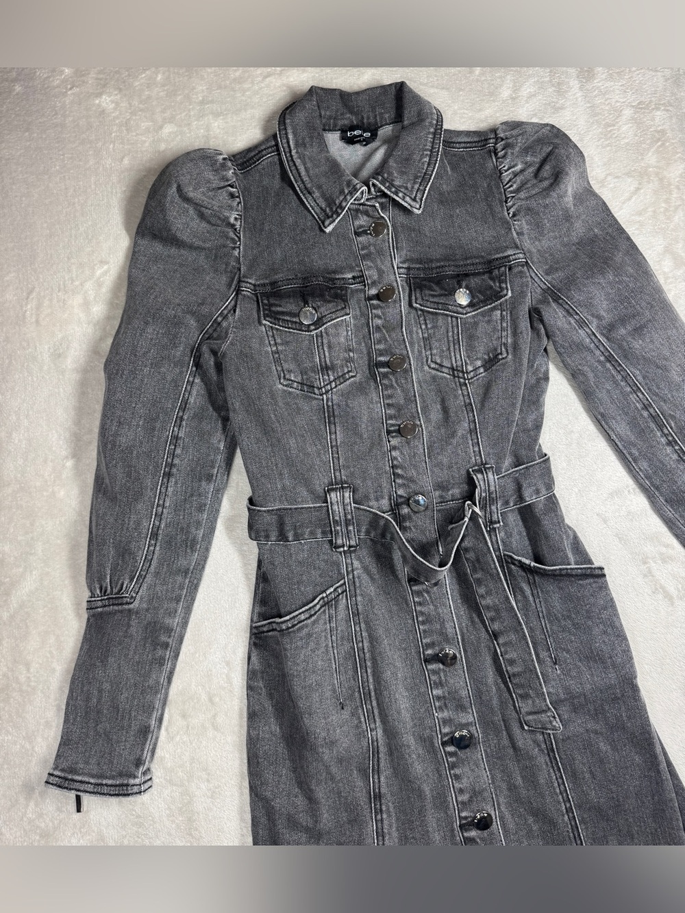Bebe Puff Sleeves Faded Black Denim Jean Buttoned Belted Mini Dress Size 2 - Picture 4 of 16